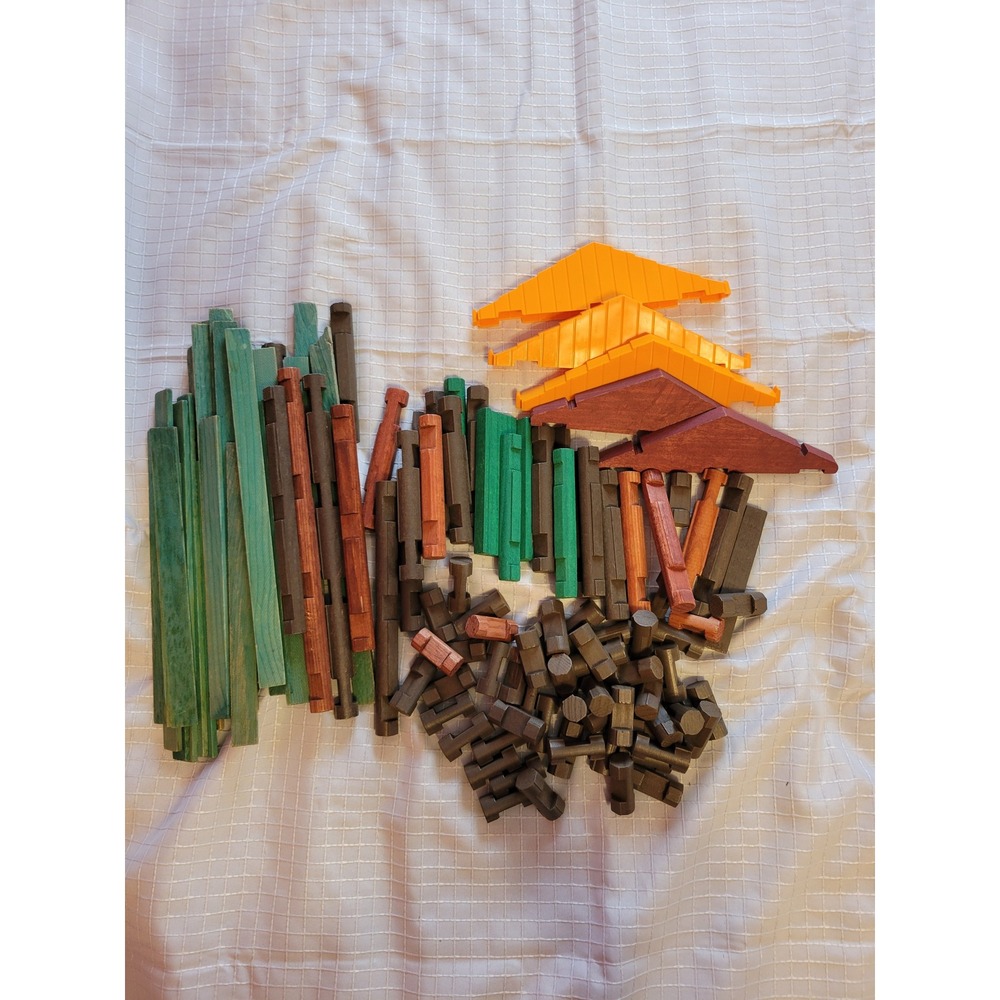Vintage Lincoln Logs Mixed Lot Wooden Building Set Pieces Roof Gables Planks